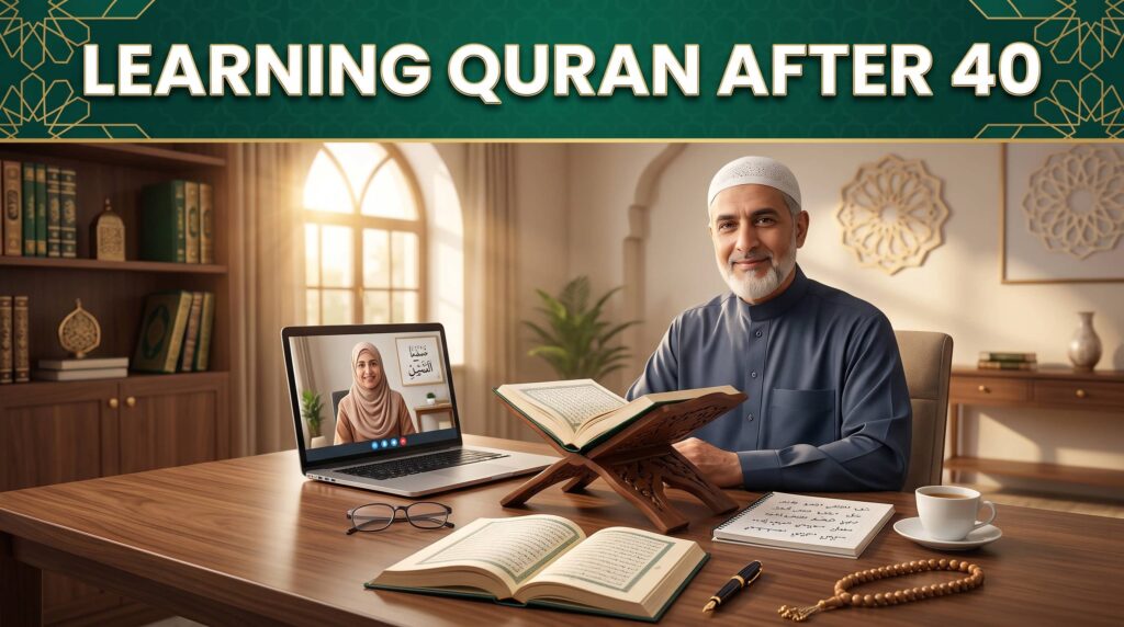 mature adult learning the Quran online with a qualified Quran teacher after the age of 40