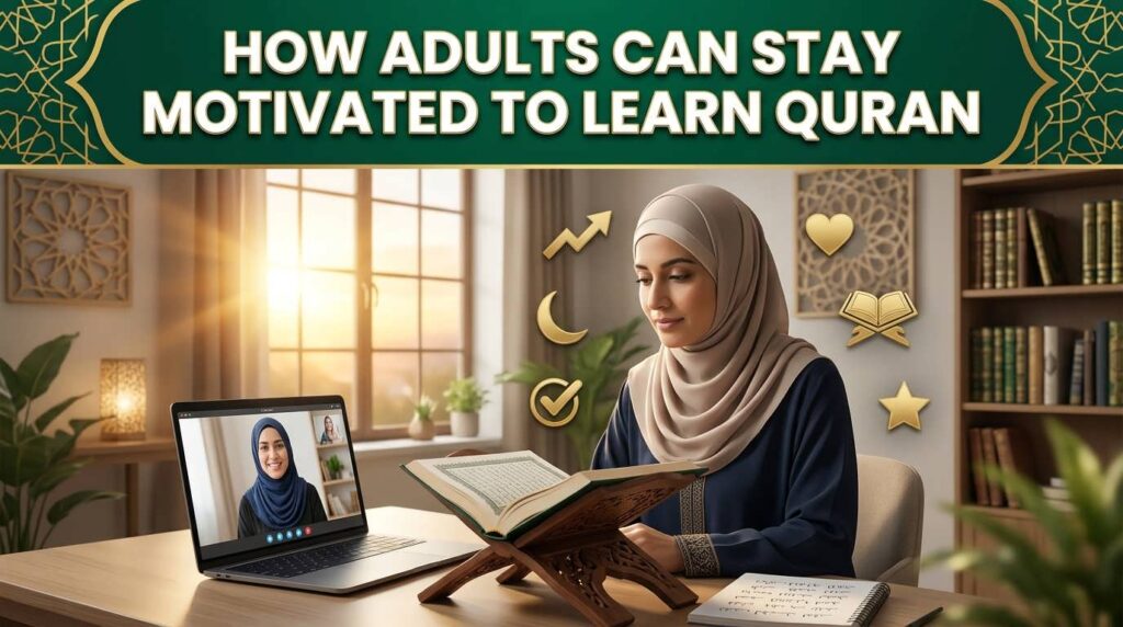 adult Quran learner staying motivated through online Quran classes with guidance from a qualified teacher
