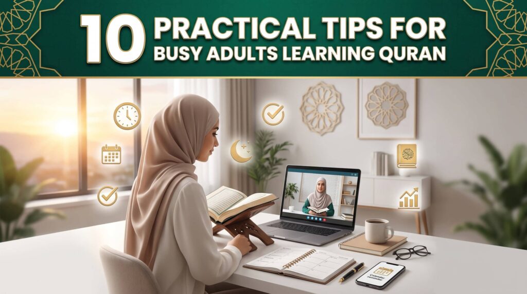 busy Muslim professional learning the Quran online with a daily planner and qualified Quran teacher