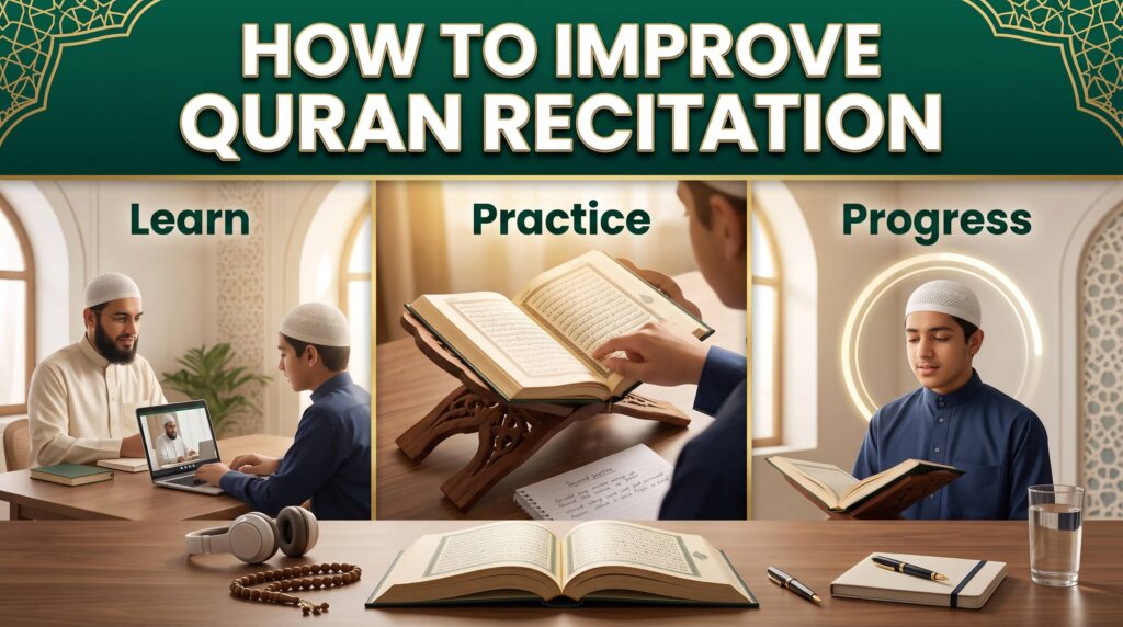 student improving Quran recitation through live online lessons, Tajweed practice, and guidance from a qualified Quran teacher