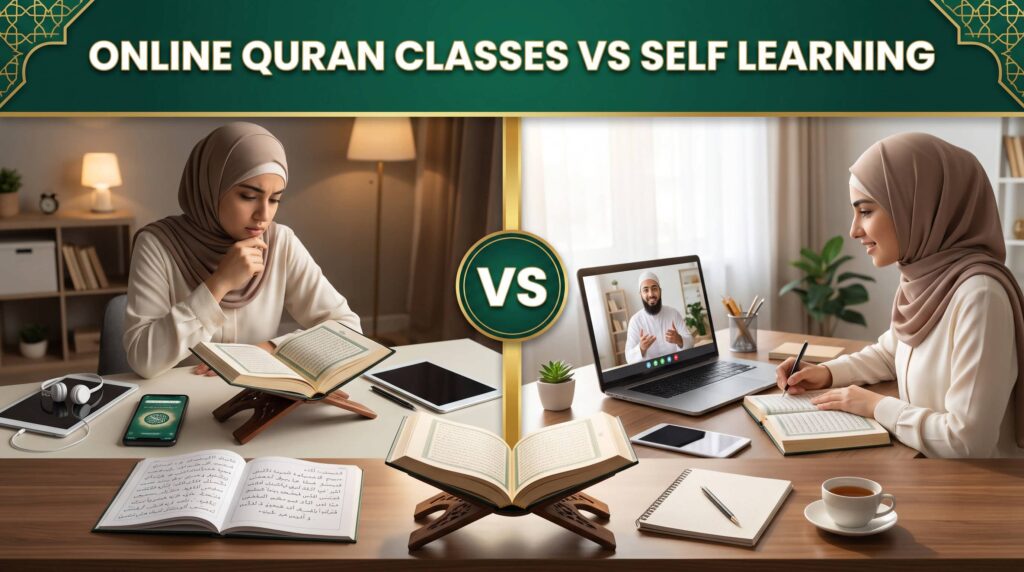 online Quran classes vs self learning comparison showing independent study and live learning with a qualified Quran teacher