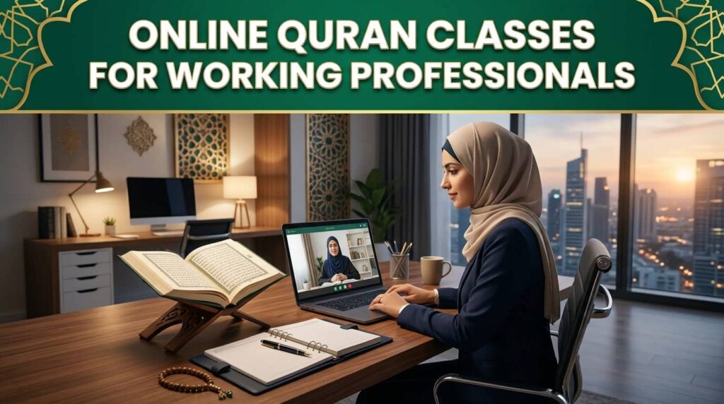 working professional attending a live online Quran class after office hours with a qualified Quran teacher