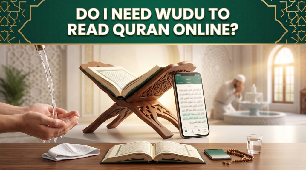 do I need wudu to read Quran online using a smartphone and printed Mushaf with respectful Islamic setting