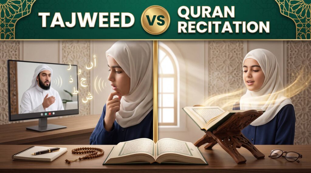 comparison between Tajweed rules and Quran recitation with a qualified online Quran teacher guiding a student