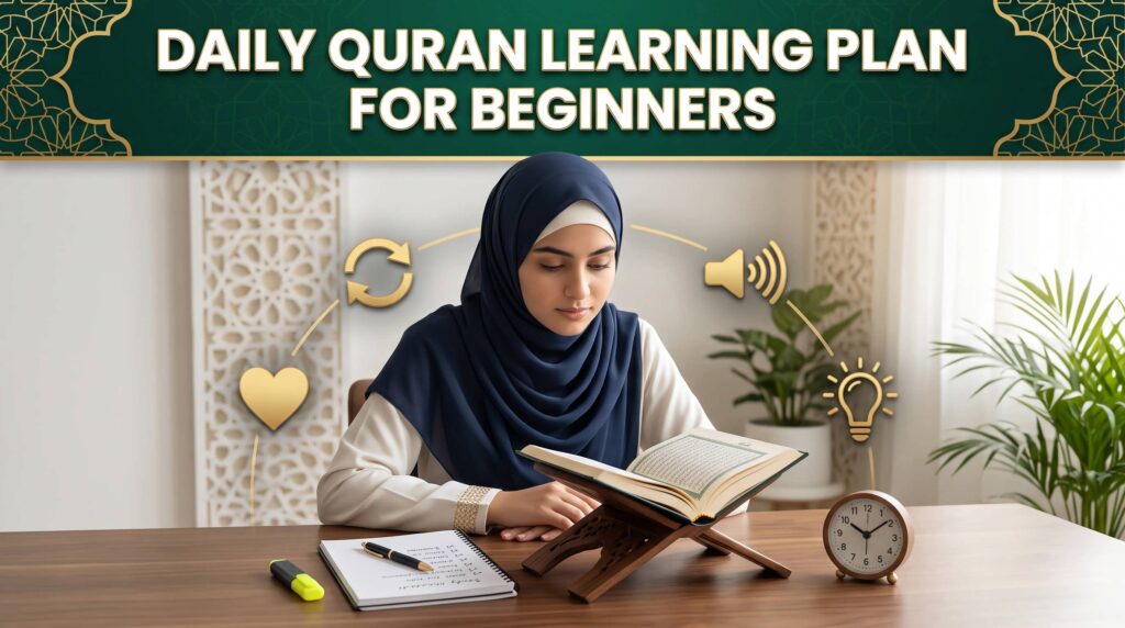 Beginner following a structured daily Quran learning routine with recitation, revision, and reflection