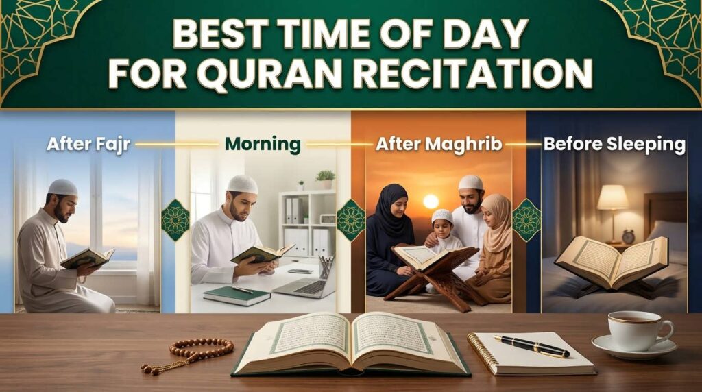 Muslim reciting the Quran during different times of the day, including after Fajr, morning, Maghrib, and before sleeping