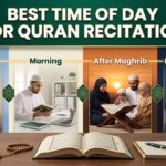 Muslim reciting the Quran during different times of the day, including after Fajr, morning, Maghrib, and before sleeping