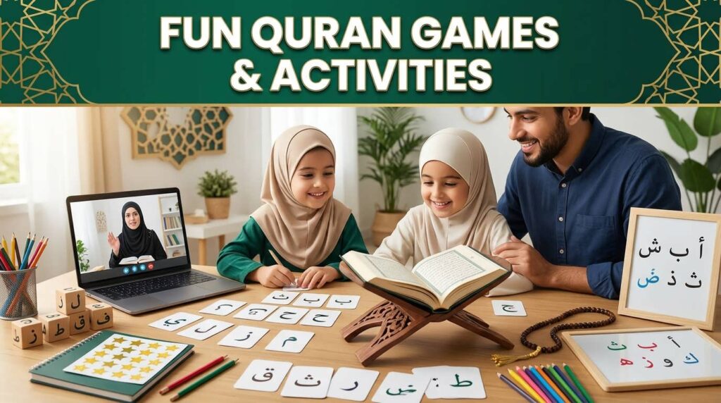 Muslim children using educational games and activities to reinforce Quran learning at home