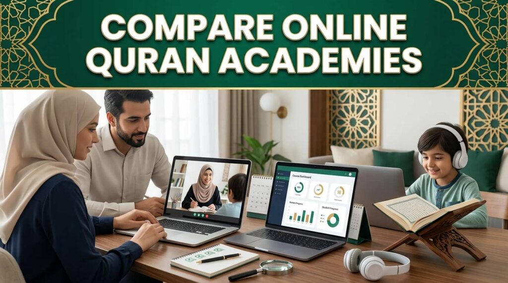 Muslim family comparing online Quran academies before choosing the best option for Quran learning