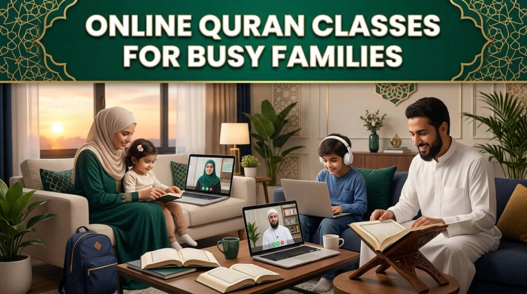 Muslim family attending live online Quran classes together from home with qualified teachers