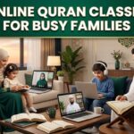 Muslim family attending live online Quran classes together from home with qualified teachers