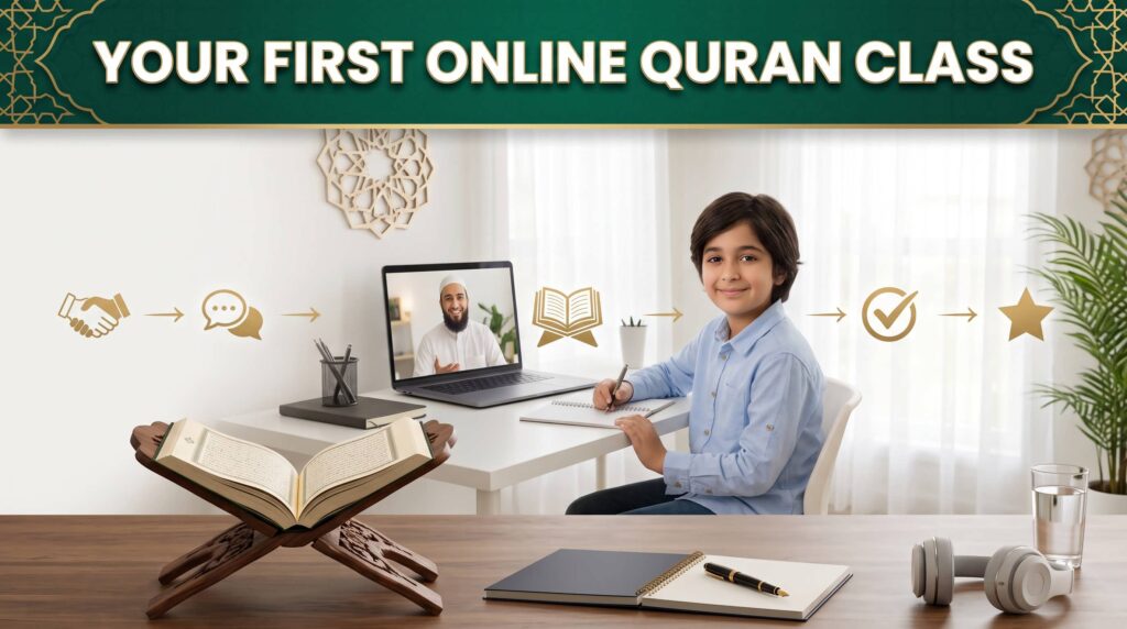 Beginner attending a friendly first online Quran class with a qualified teacher during a live video lesson