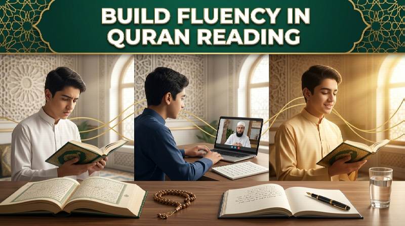 student progressing from slow Quran reading to fluent recitation with guidance from a qualified online Quran teacher