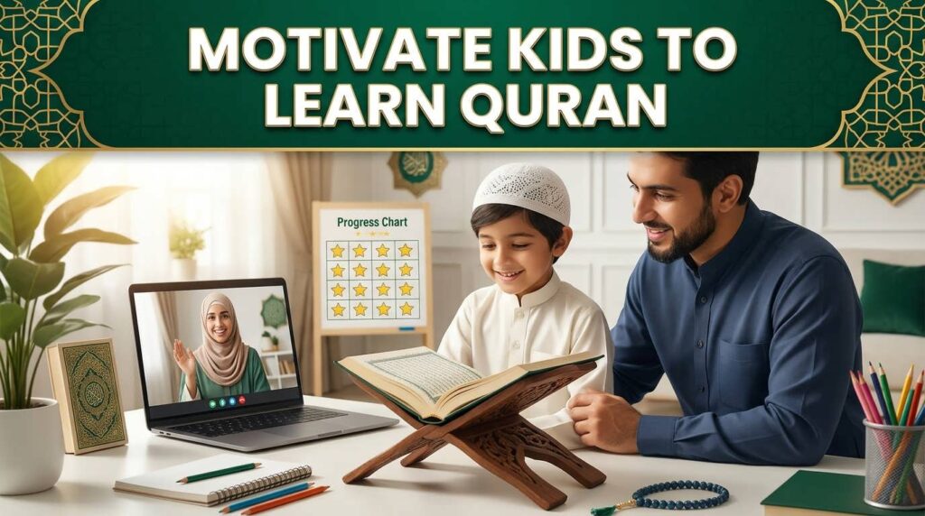 Parent encouraging a child during an online Quran lesson to build confidence and motivation
