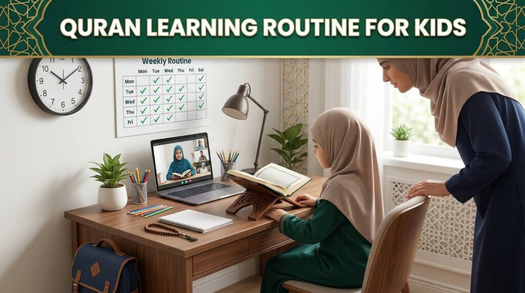 Child following a consistent Quran learning routine with guidance from a parent and an online Quran teacher