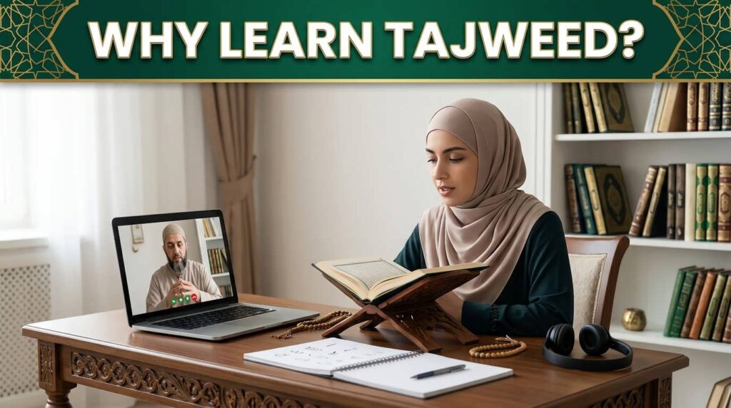 Student learning Tajweed online with a qualified Quran teacher to improve Quran recitation