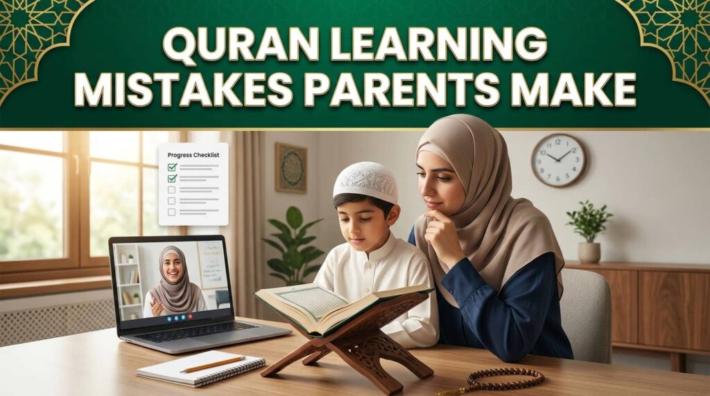 Parent supporting a child during an online Quran lesson while building positive Quran learning habits