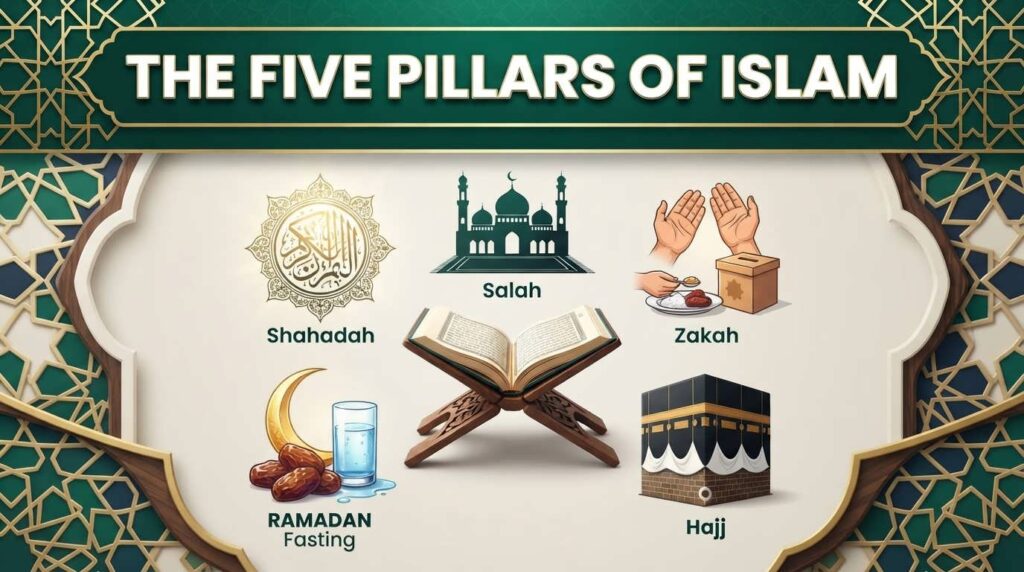 Educational illustration showing the Five Pillars of Islam with symbols representing faith, prayer, charity, fasting, and Hajj