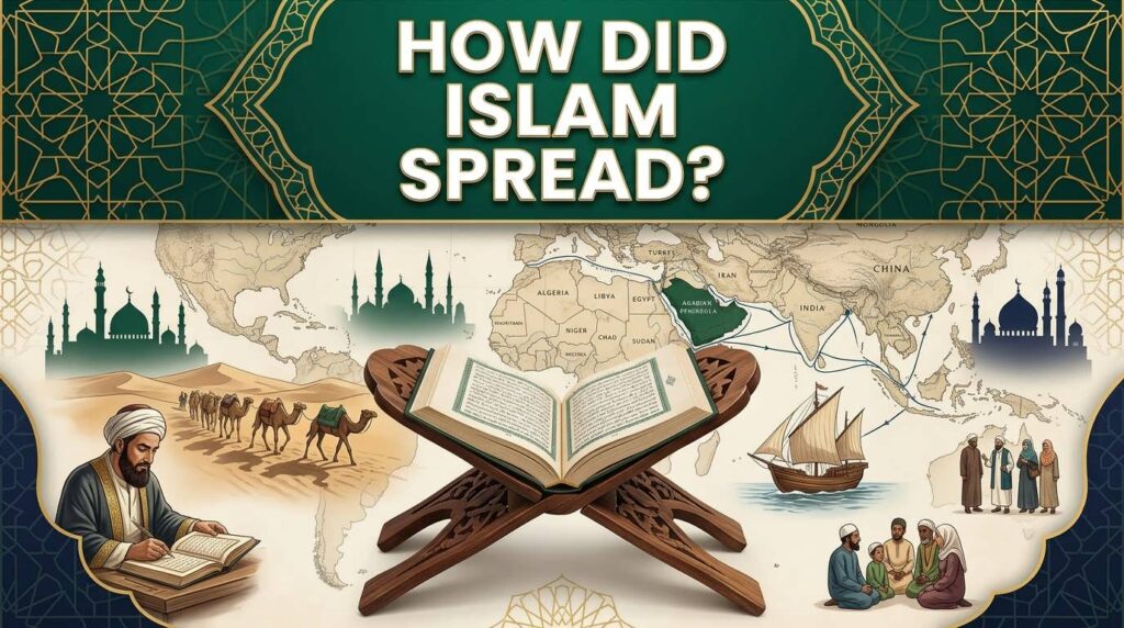 Historical illustration showing how did Islam spread through trade, scholarship, travel, and Muslim communities