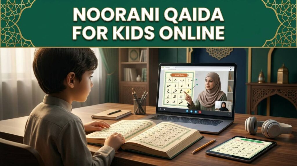 Child learning Noorani Qaida online with a Quran teacher