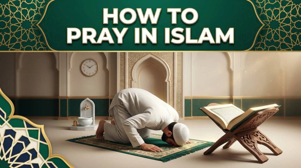 Muslim beginner learning how to pray in Islam step by step with Quran beside a prayer mat