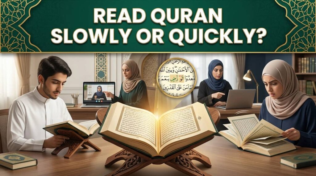 Muslim student reading Quran with measured recitation and careful Tajweed