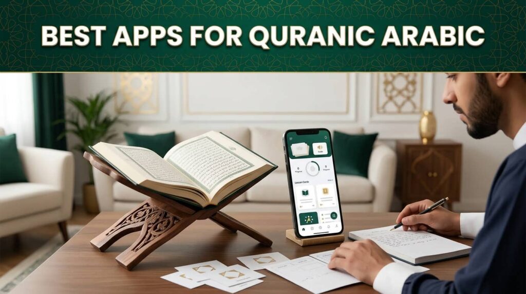 Best apps for learning Quranic Arabic displayed on a smartphone beside an open Quran and Arabic study notebook