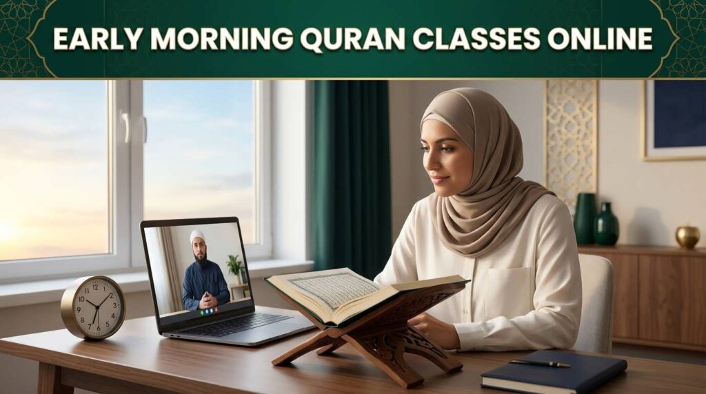 Adult attending early morning Quran classes online with a live Quran teacher