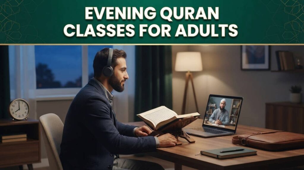 Adult taking an evening Quran class online after work