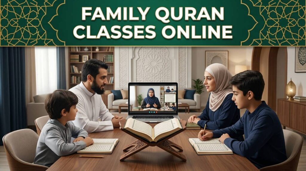 Muslim family attending online Quran classes together at home