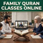 Muslim family attending online Quran classes together at home