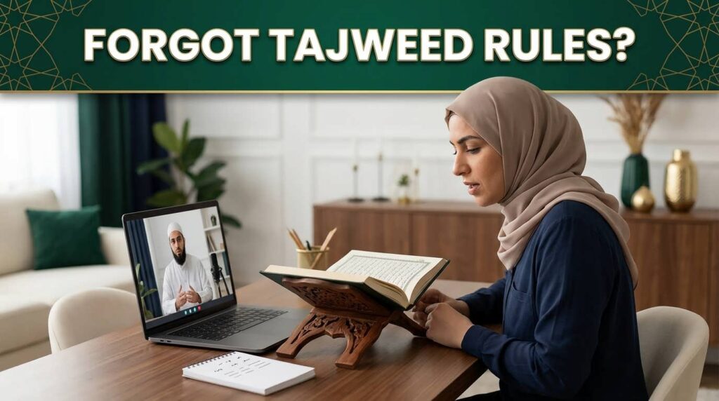Adult who forgot Tajweed rules reviewing Quran recitation with an online Tajweed teacher