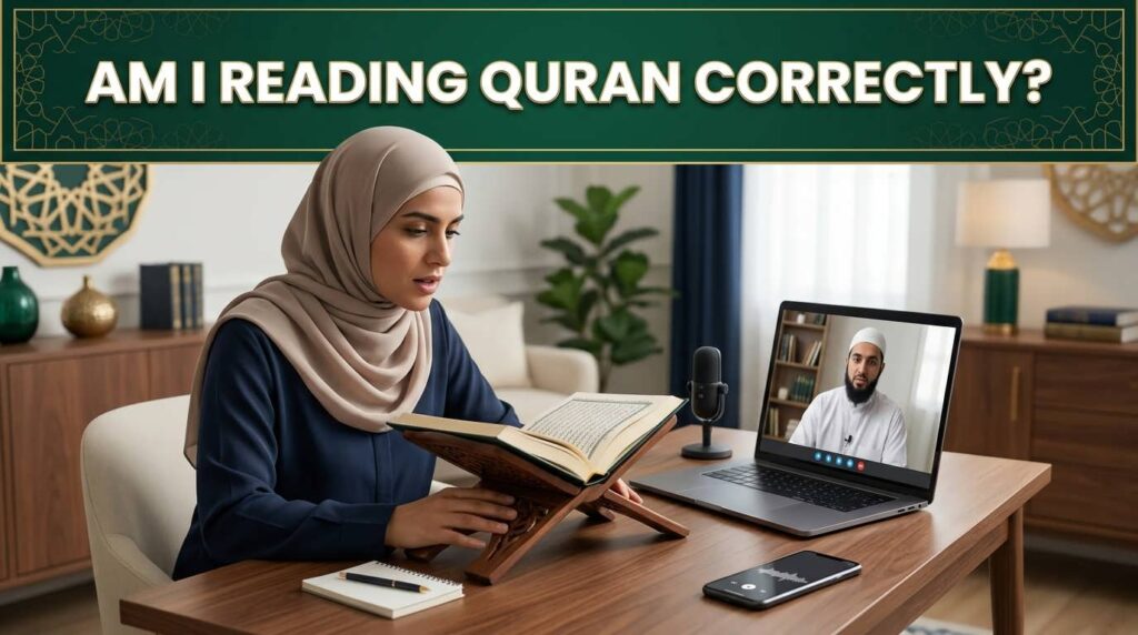 Adult checking how to know if I am reading Quran correctly with live teacher feedback and Quran recitation