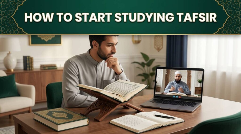 Muslim adult learning how to start studying Tafsir with Quran, Tafsir book, notes and online teacher guidance