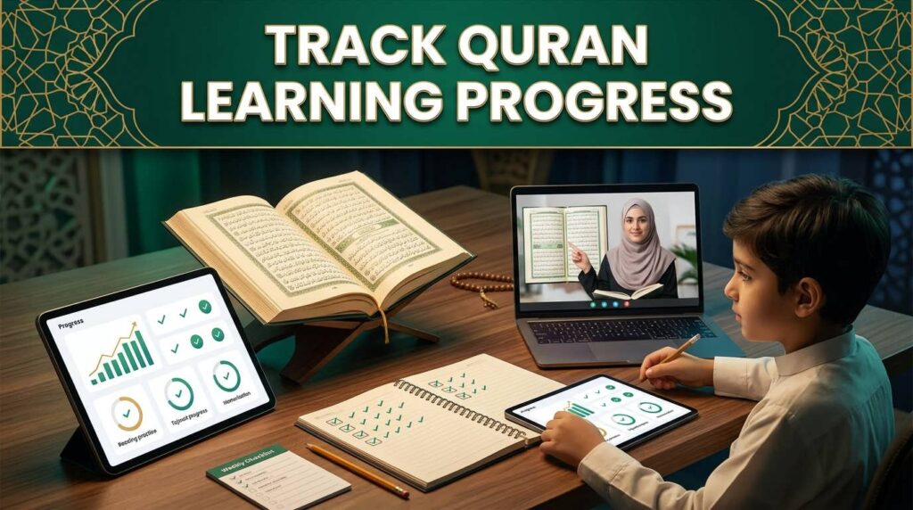 Parent tracking a child's Quran learning progress during an online Quran class