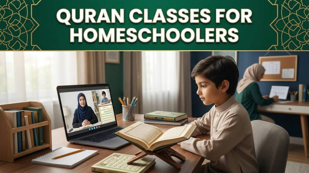 Muslim homeschool child attending online Quran classes with a Quran teacher