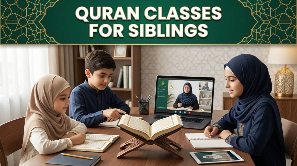Muslim siblings learning Quran together in an online Quran class at home