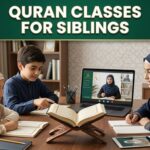 Muslim siblings learning Quran together in an online Quran class at home