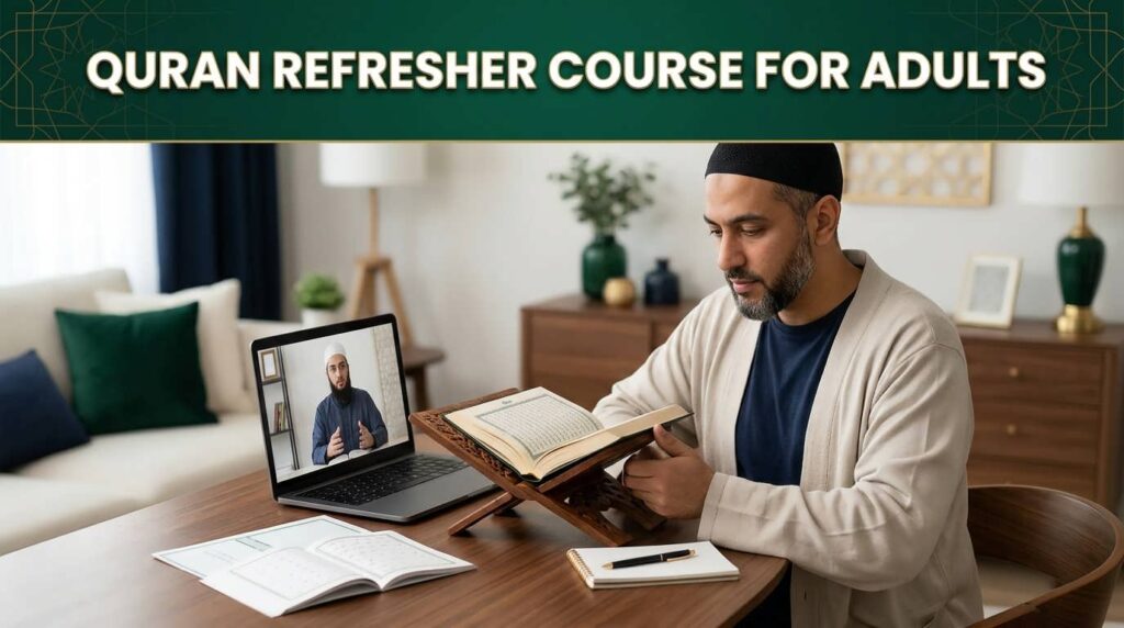 Quran refresher course for adults with a returning learner reviewing Quran reading and Tajweed online