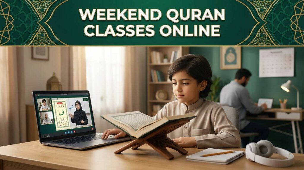 Child attending weekend Quran classes online with a Quran teacher