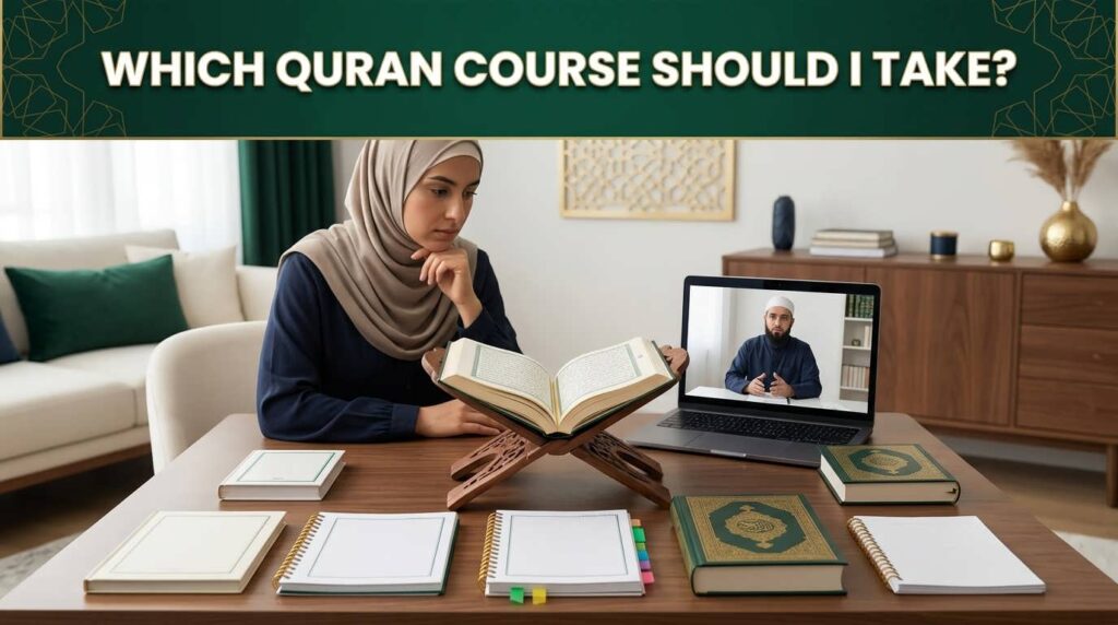 Muslim learner deciding what Quran course to take based on reading level and learning goals
