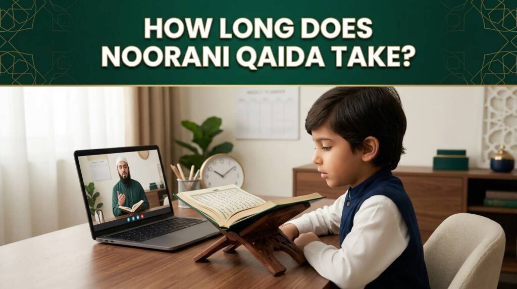 Child learning Noorani Qaida with an online Quran teacher at home