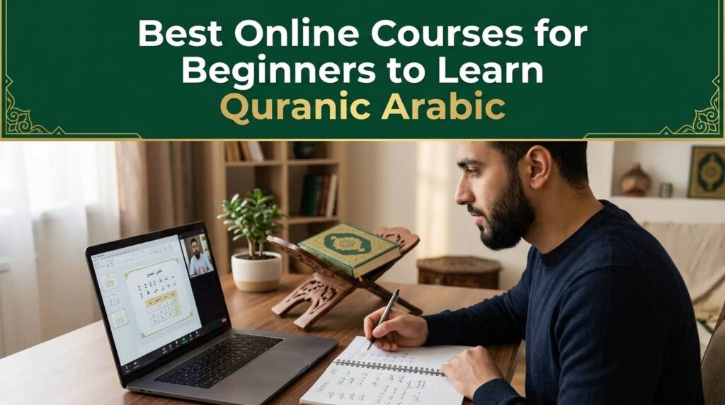 Beginner studying Quranic Arabic online with a laptop, notebook, and Quran on a wooden rehal.