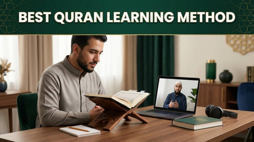 Best Quran learning method with a Muslim learner studying Quran through teacher guidance, practice and structured progression