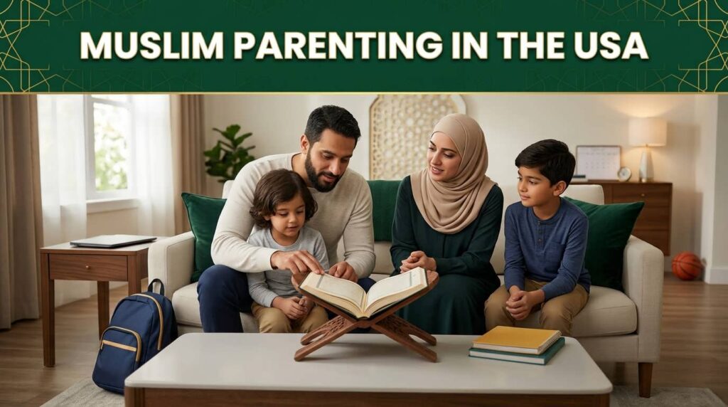 Muslim parenting USA with parents and children building Quran learning and Islamic family habits at home in America