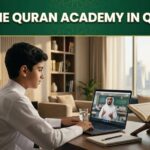 Muslim student attending an Online Quran Academy in Qatar with a teacher on a laptop and a Quran on a rehal