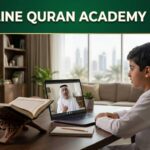 Muslim student attending an online Quran lesson at home in the UAE with a teacher on a laptop and a Quran on a rehal