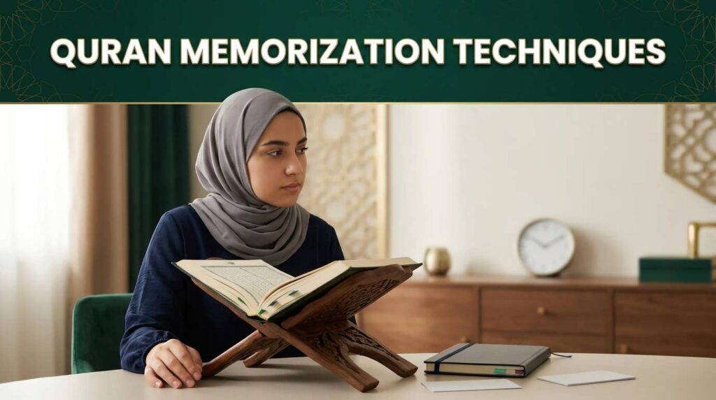 Quran memorization techniques with a Muslim student practicing Hifz, repetition and revision from an open Quran