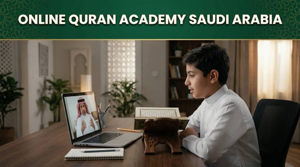 Muslim student in Saudi Arabia attending an online Quran lesson with a teacher through a laptop at home